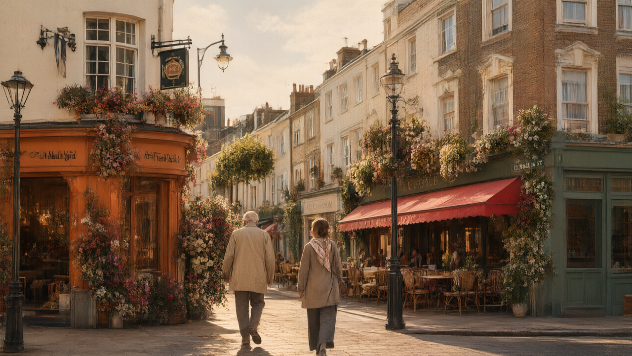 A warm, lively historic London street at golden hour — cafés, flower baskets and a lamppost signed Cornelia St.