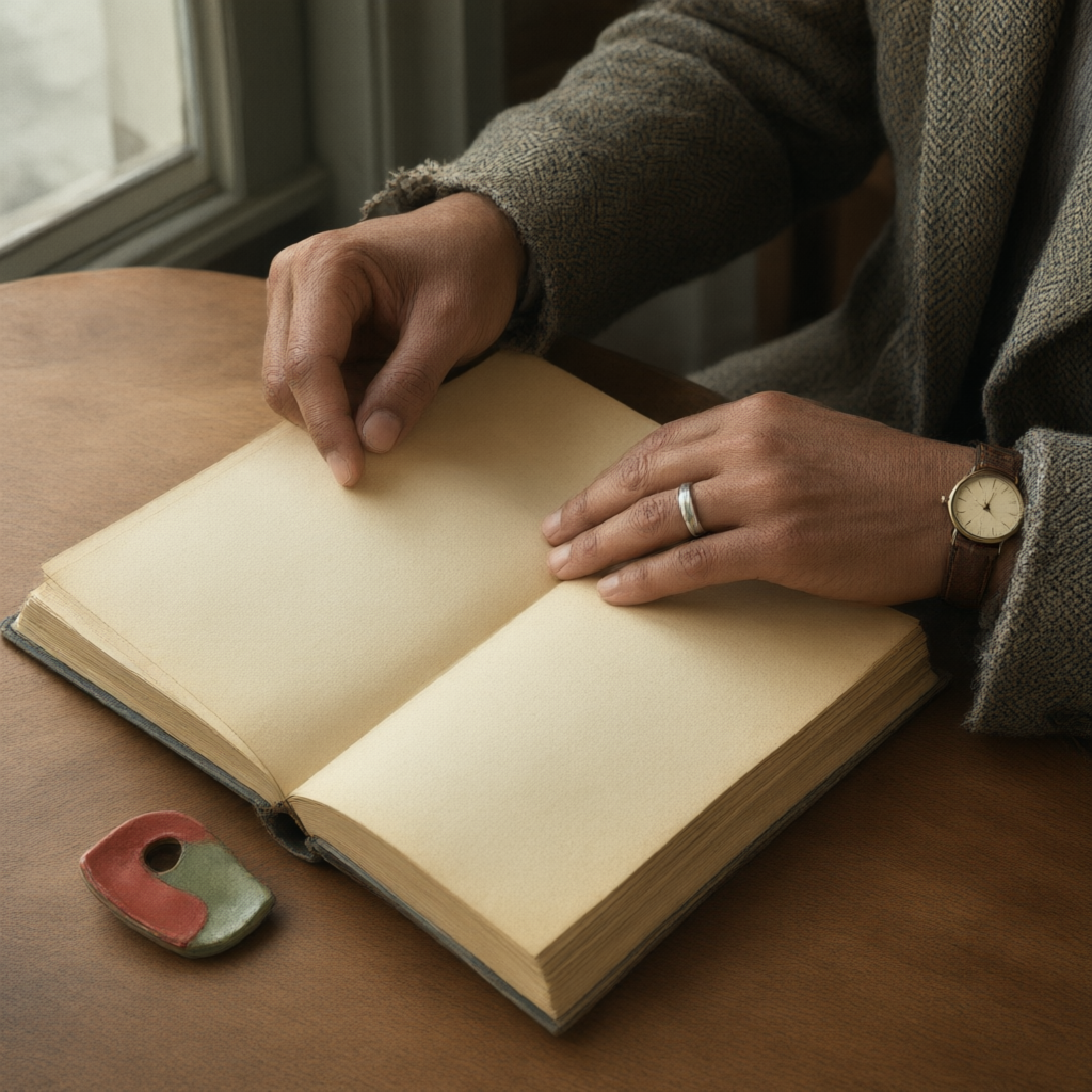 The hands of a man in a tweed jacket turning the pages of an old book beside a small ceramic keepsake.