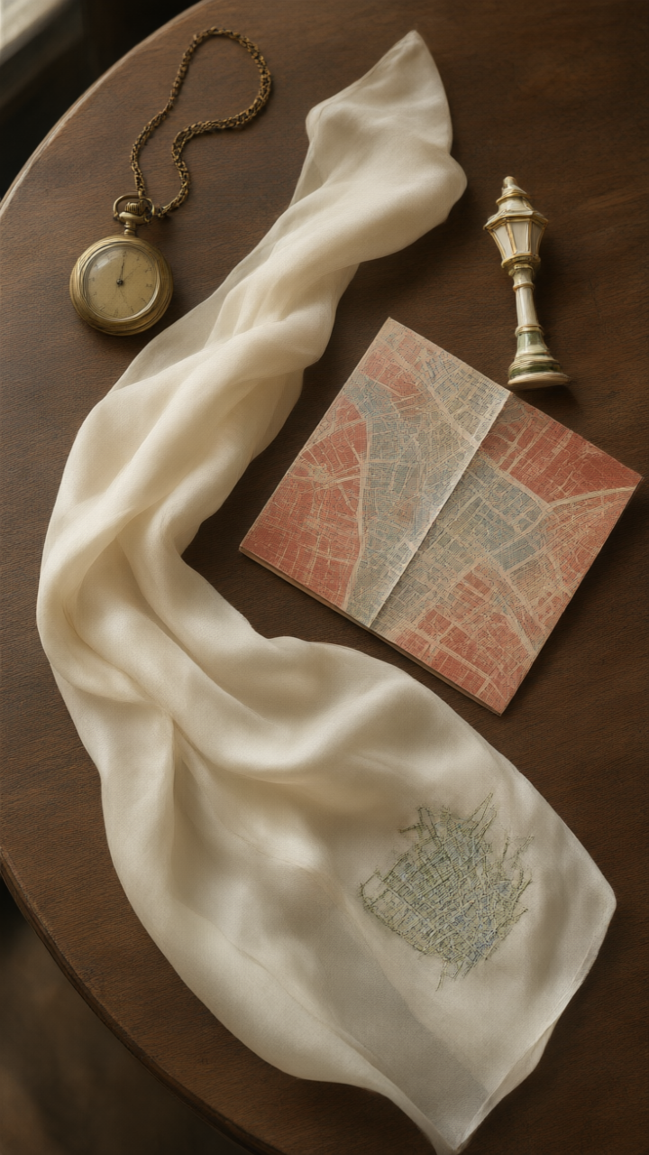 A cream silk scarf with a tiny embroidered map corner, an old brass watch and a lamppost brooch.