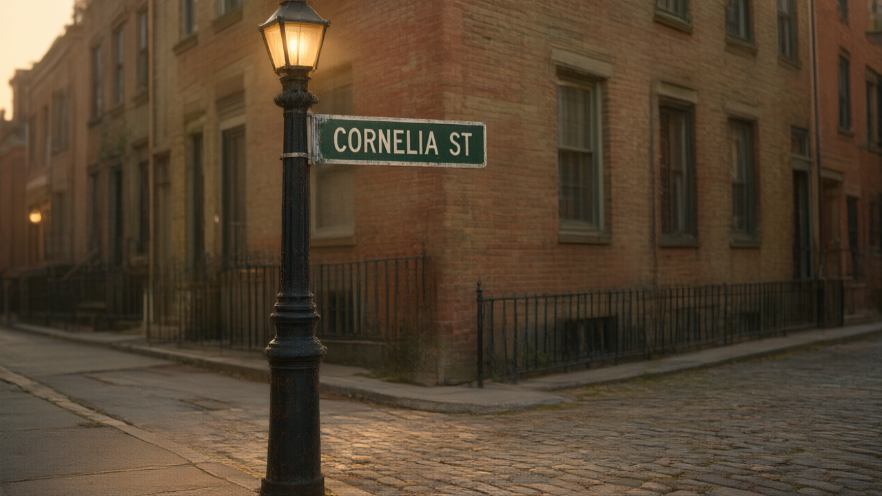 A quiet dusk corner — a lamppost with a Cornelia St sign beginning to glow, empty and still.