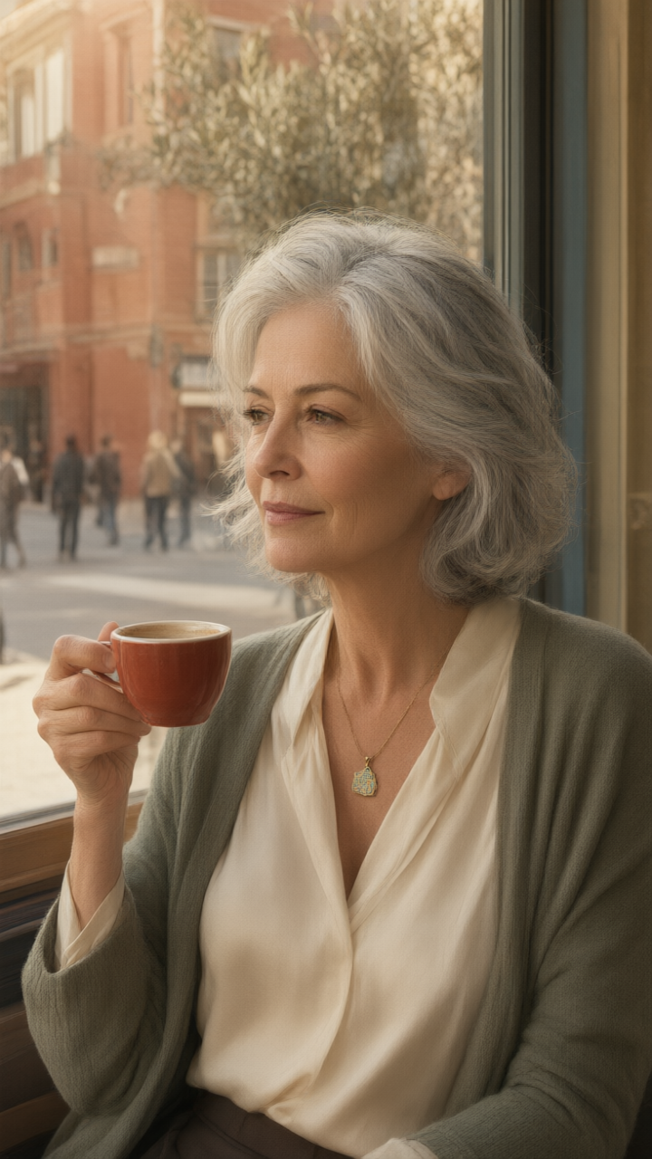 A silver-haired woman by a café window, wearing a gold chain with a tiny street-map pendant.